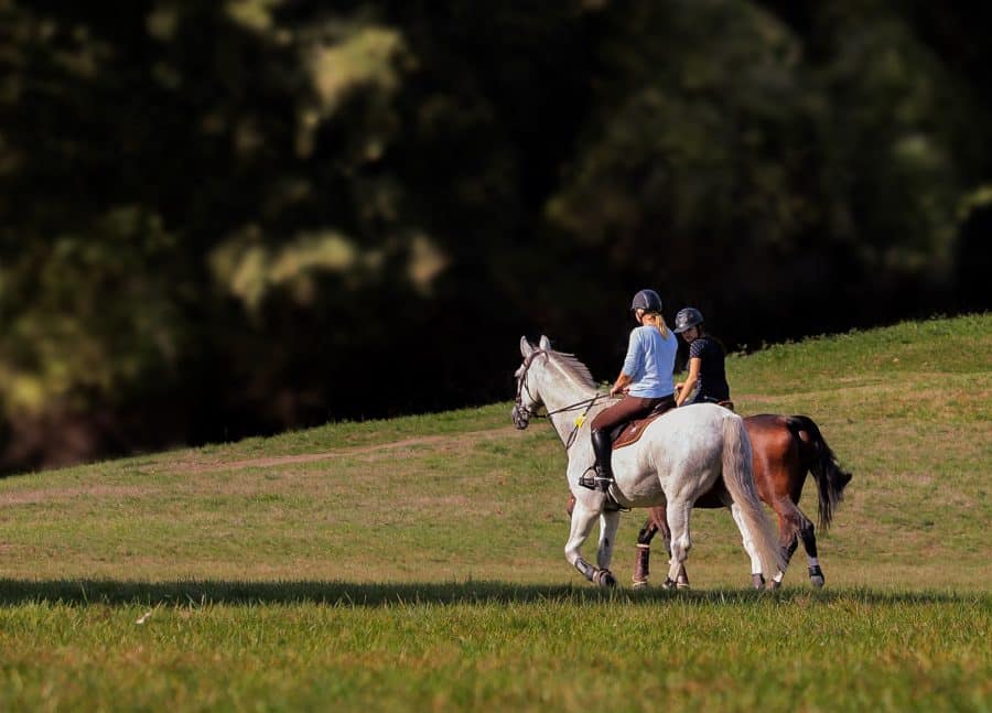 Girls riding along bridleway